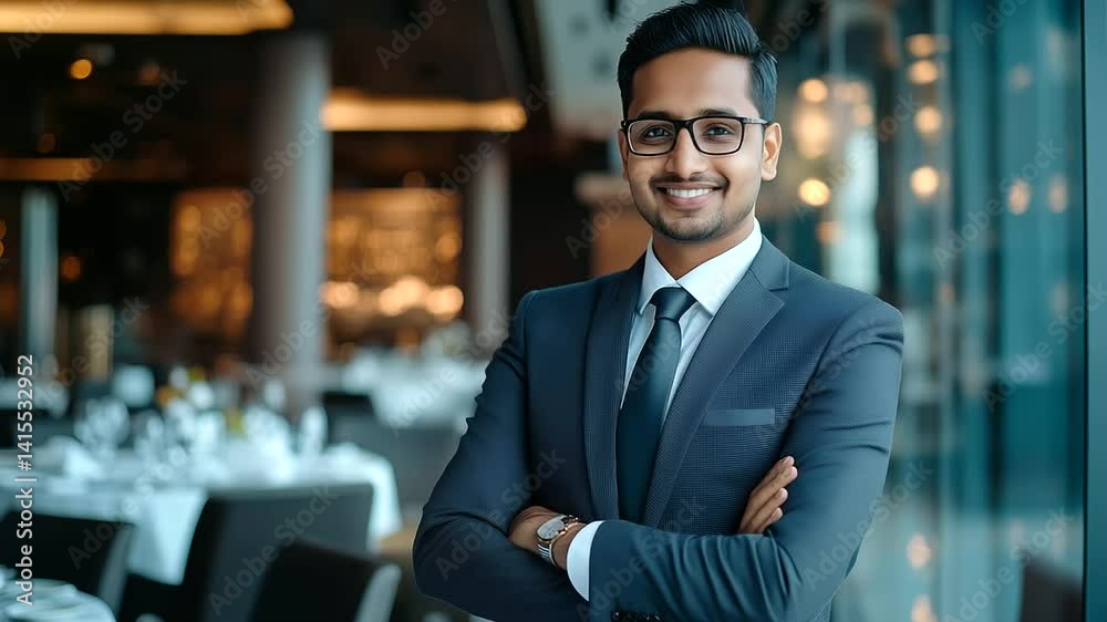 A poised Indian event coordinator, dressed in a stylish business outfit, stands in a well-lit restaurant conference room, ensuring everything is perfectly arranged A poised Indian event coordinator, dressed in a stylish business outfit, stands in a well-lit restaurant conference room, ensuring everything is perfectly arranged