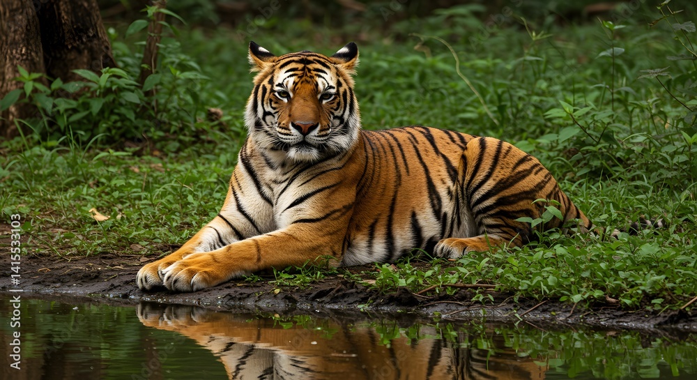 Obraz premium A stunning tiger resting peacefully by the water's edge in its natural jungle environment.