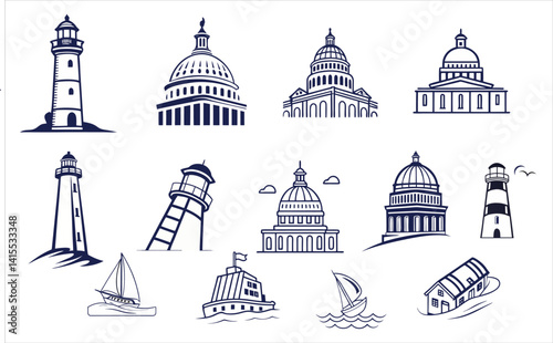 Travel place icon set and Capitol Buildings Illustration