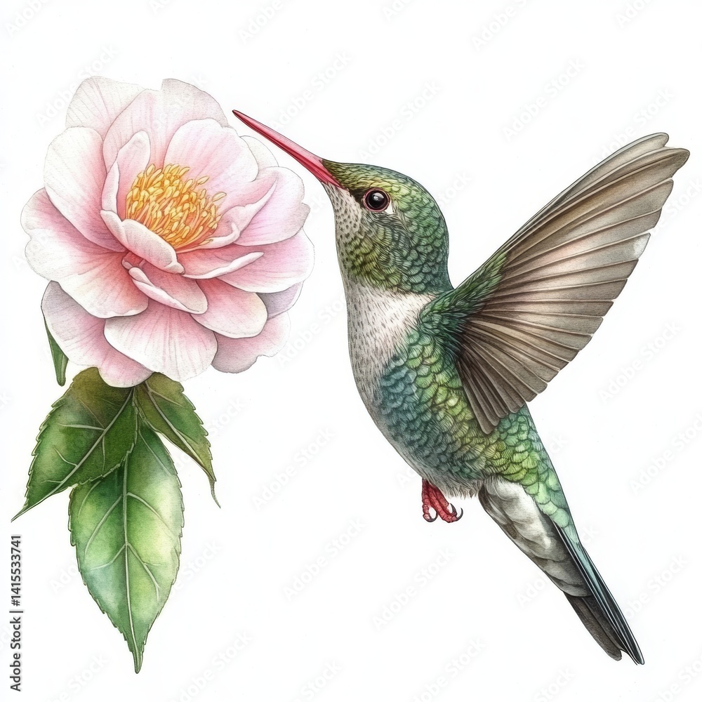 Fototapeta premium Watercolor illustration of a tropical bird and a bright summer flower, specifically a hummingbird and a camellia, set against an isolated background as clipart