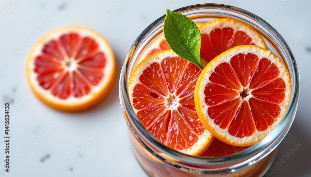 Red grapefruit slices in a glass jar