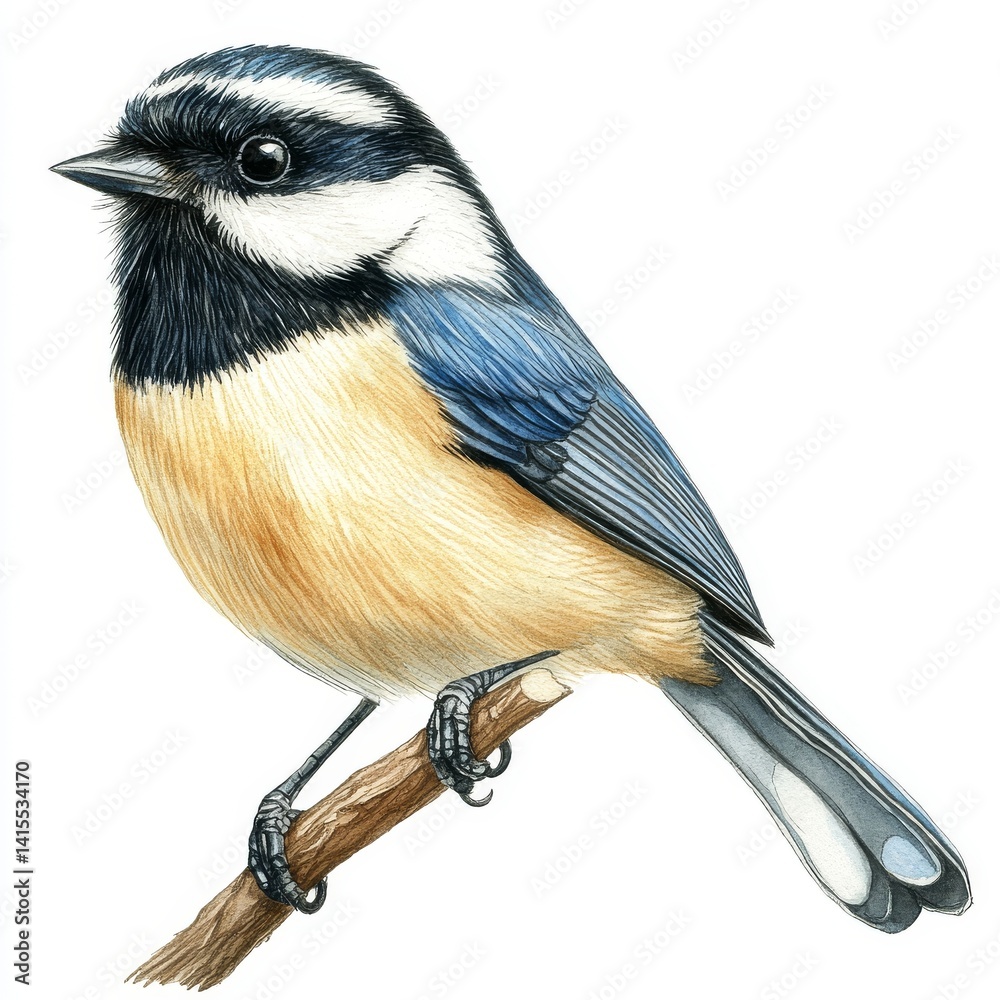 Obraz premium Watercolor depiction of a tit bird, showcasing an artistic bird painting featuring adorable black-capped chickadees, small songbirds perched on a tree branch