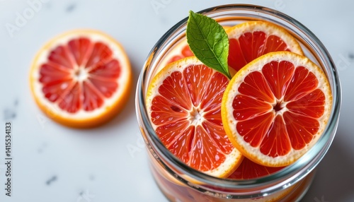Obraz na płótnie Red grapefruit slices in a glass jar w salonie