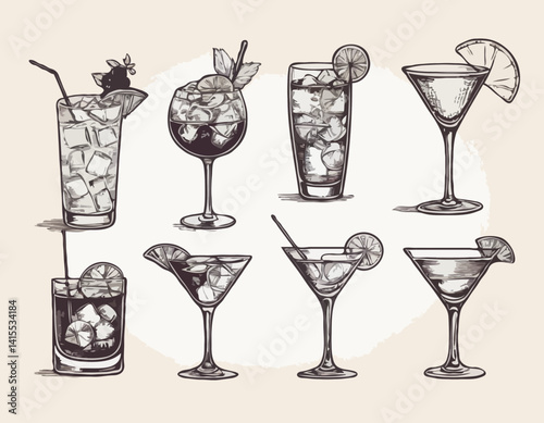 Hand-drawn collection of cocktails and drinks in various glass styles. Vintage ink sketch vector illustrations of classic alcoholic beverages.