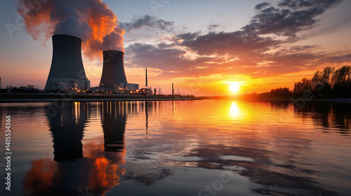 A power station with twin cooling towers releases steam beside a tranquil lake under a dramatic sunset sky, reflecting energy themes.