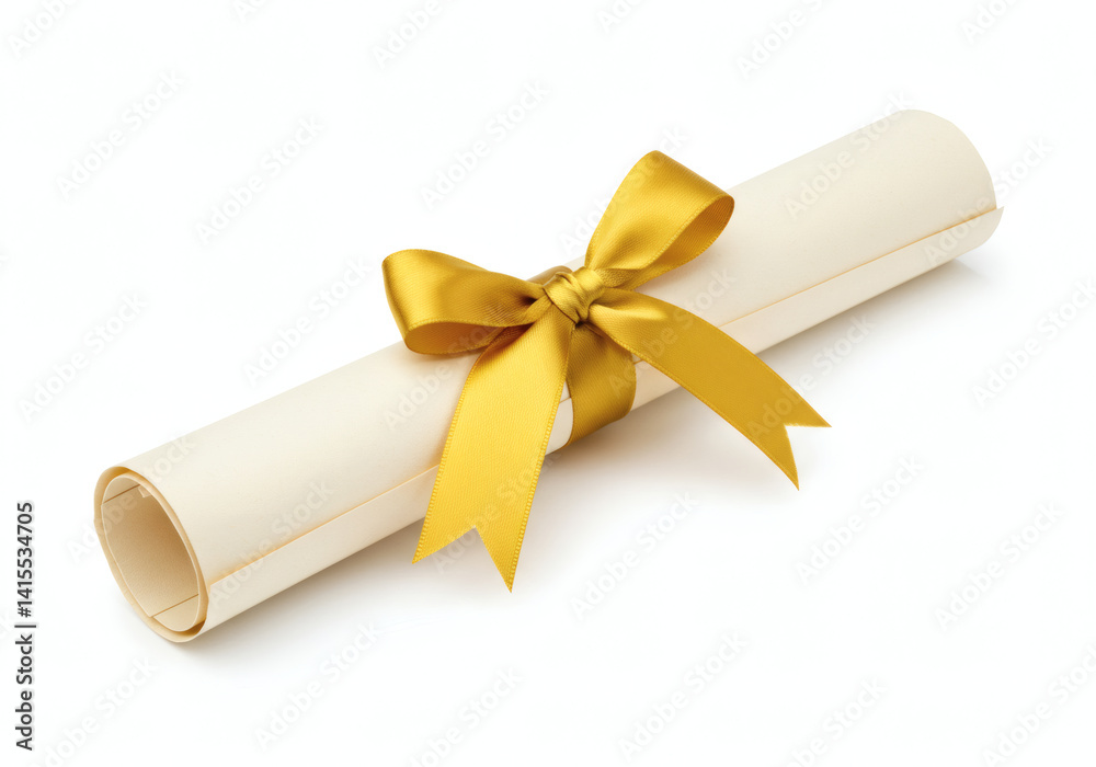 A rolled diploma with a golden bow, symbolizing accomplishment and success on a white backdrop. A rolled diploma with a golden bow, symbolizing accomplishment and success on a white backdrop.