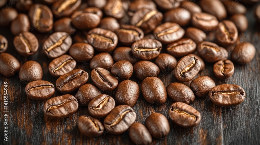 Fototapeta premium Roasted coffee beans on dark wood. Background blur. Food photography