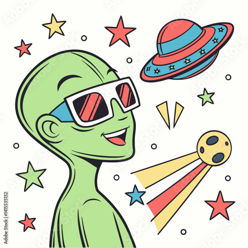 Alien Head with 3D Glasses in Comic Style