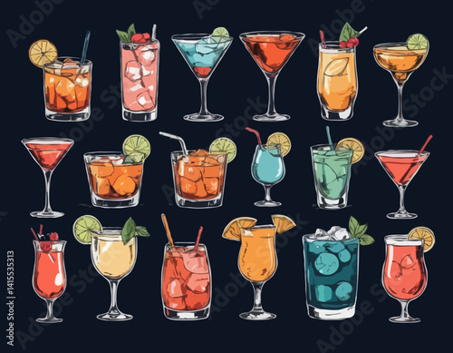 Hand-drawn collection of cocktails and drinks in various glass styles. Vintage ink sketch vector illustrations of classic alcoholic beverages.