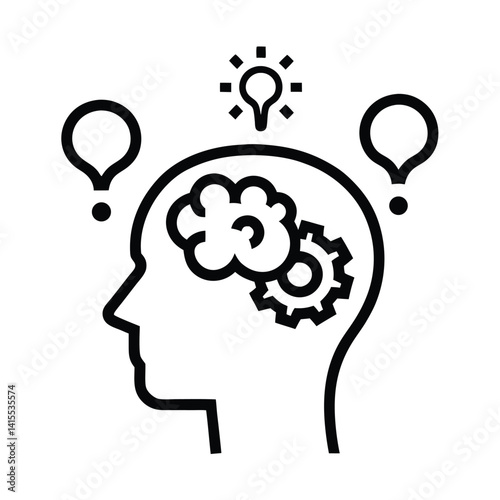 Line art of Head with Brain Gears, Idea, Question Mark on Transparent Background