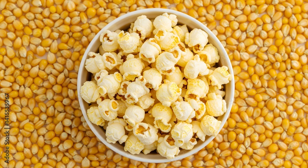 Overhead shot of popcorn in a bowl surrounded by uncooked popcorn kernels, ready to eat. Overhead shot of popcorn in a bowl surrounded by uncooked popcorn kernels, ready to eat.
