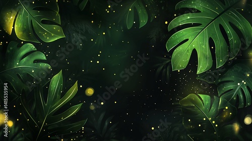 Lush tropical leaves, glowing particles