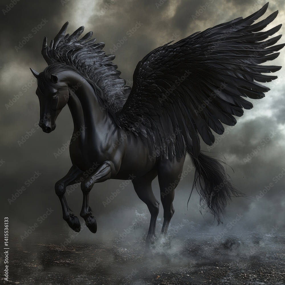 Obraz premium Majestic Black Pegasus: Winged Divine Horse in Flight with an Enchanting Fable