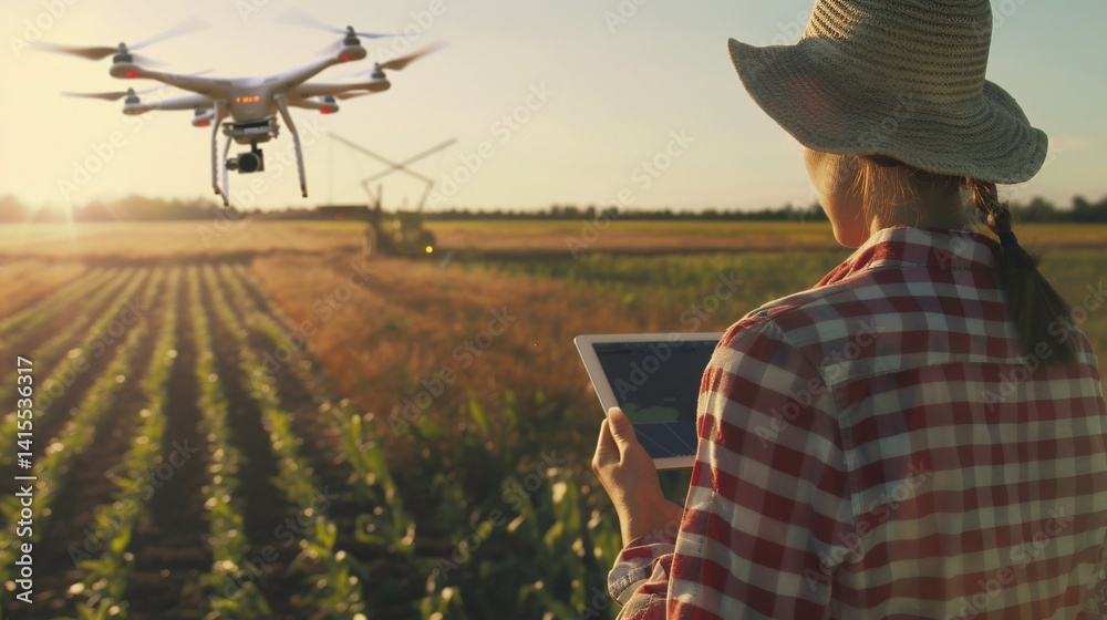 Fototapeta premium Farmer using drone for field survey at sunset