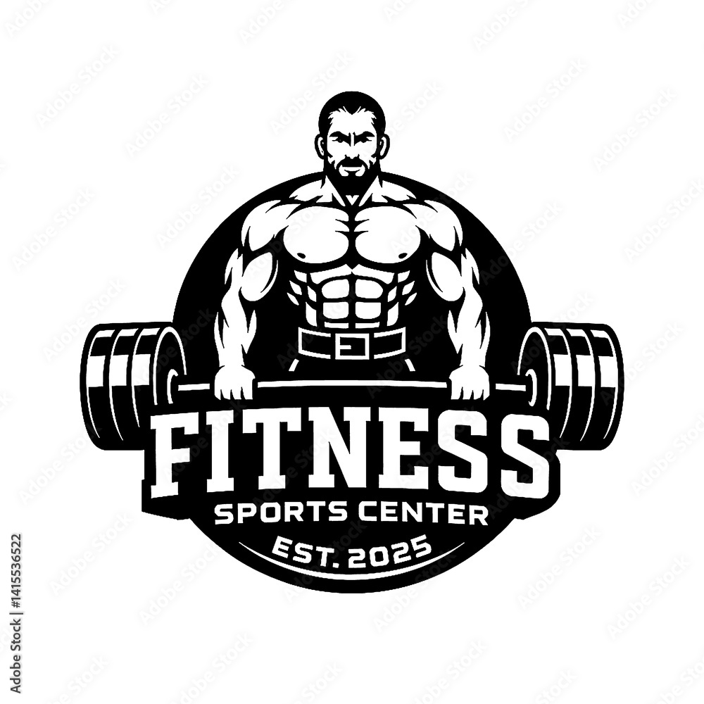 Black and White Vector Gym Logo with Bodybuilder and Barbell Black and White Vector Gym Logo with Bodybuilder and Barbell