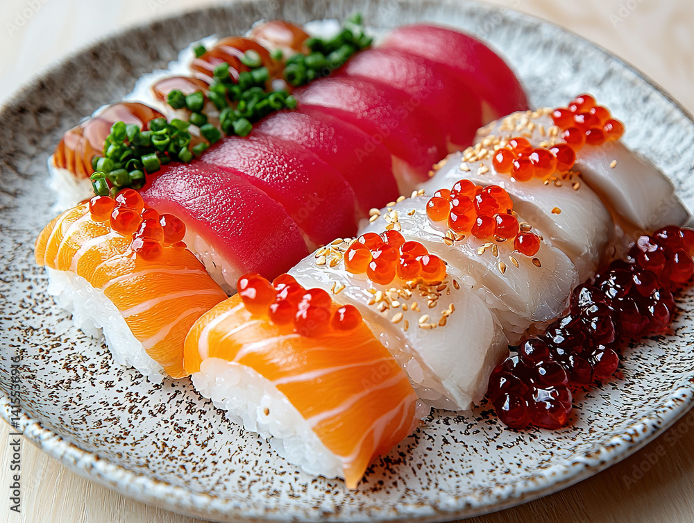 A detailed representation of nigiri sushi, highlighting its unique ingredients and presentation.