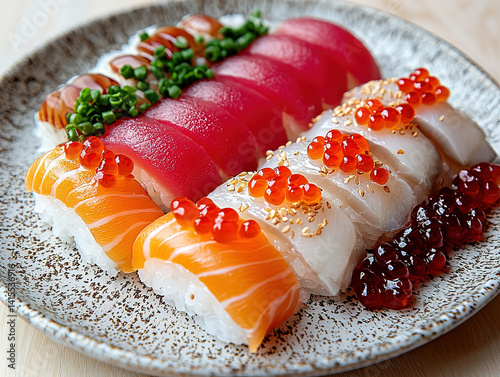 Obraz na płótnie A detailed representation of nigiri sushi, highlighting its unique ingredients and presentation. w salonie