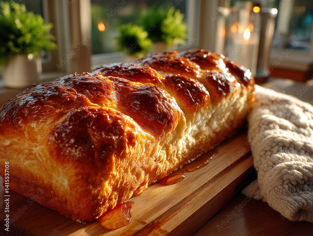 A fluffy white bread loaf displayed against a neutral background