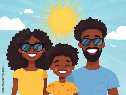 A fun depiction of a family wearing sunglasses together, enjoying a bright, sunny day