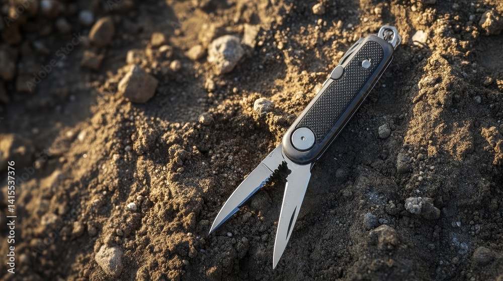 Obraz premium Overhead View of a Leatherman Multitool on the Surface with Metal Blade and Rugged Handle
