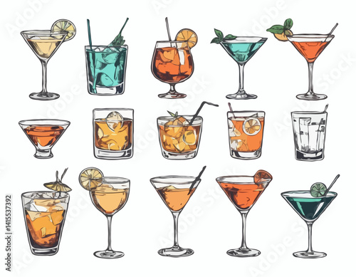Hand-drawn collection of cocktails and drinks in various glass styles. Vintage ink sketch vector illustrations of classic alcoholic beverages.