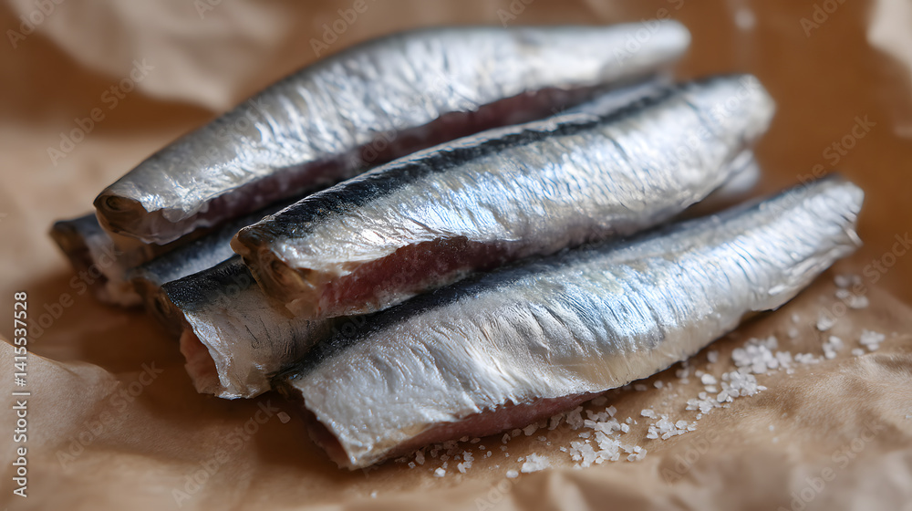 Delicate Raw Sardine Fillets on Paper with Coarse Salt and Shimmering Skin in Ultra Detailed Close-Up Delicate Raw Sardine Fillets on Paper with Coarse Salt and Shimmering Skin in Ultra Detailed Close-Up