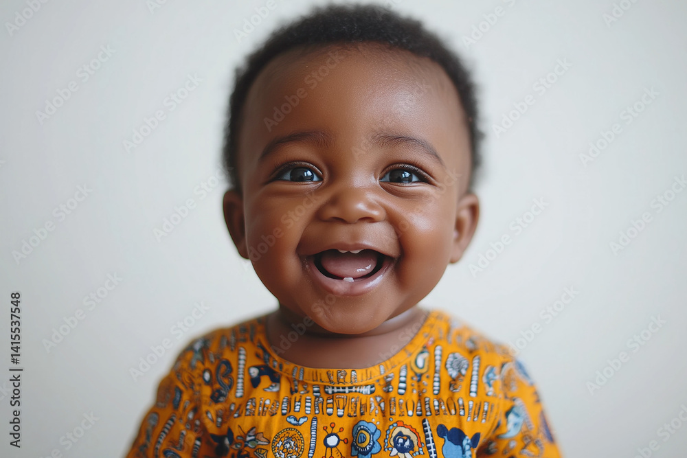 A joyful portrayal of a baby set against a pure white background.