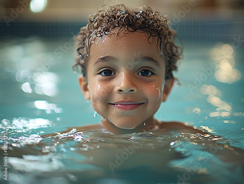 A joyful representation of children participating in aquatic therapy exercises in a pool.