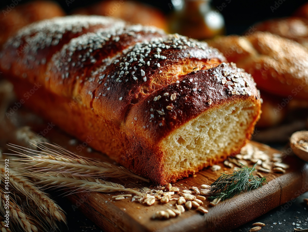 A nutritious slice of wheat bread on a wooden platform