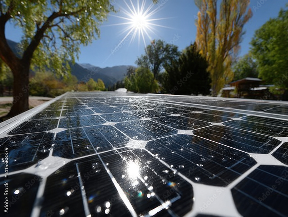 A representation of photovoltaic panels harnessing solar energy