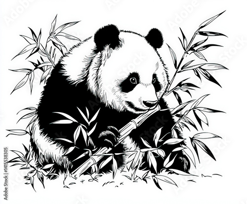 A playful panda eating bamb...