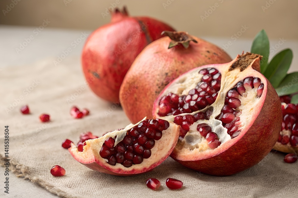 Pomegranate opened with seeds exposed, placed on neutral beige background Pomegranate opened with seeds exposed, placed on neutral beige background