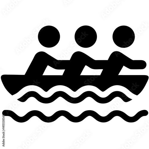 Three people rowing together on water in a minimalist style  