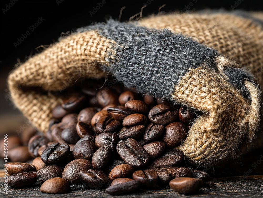 A rustic burlap coffee bag filled with fresh coffee beans