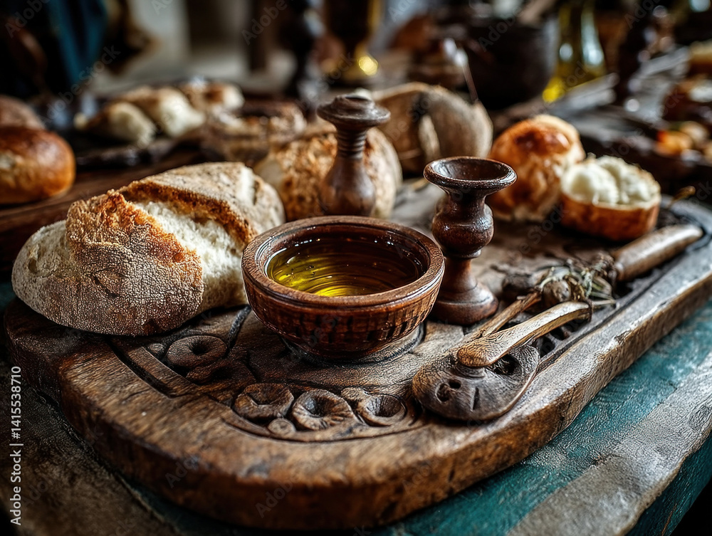 A rustic platter featuring bread alongside a small bowl of olive oil