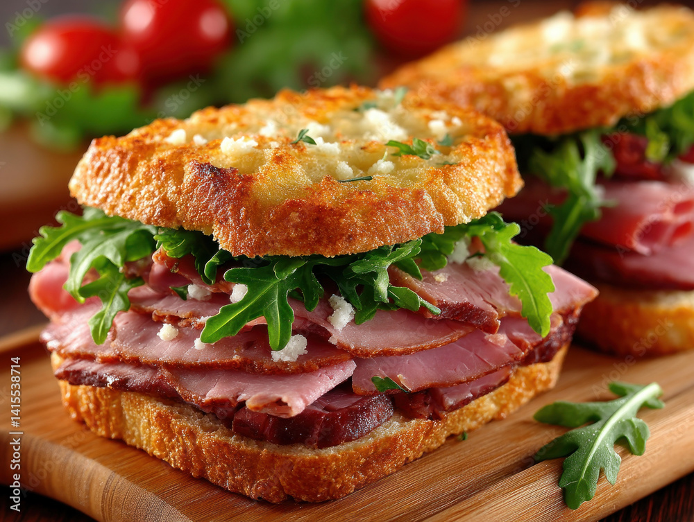 A sandwich made with ham and fresh bread, cut in half