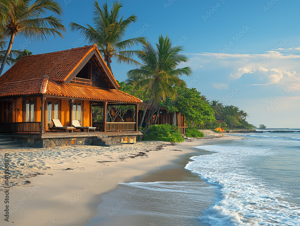 A serene beach scene at Candi Dasa with palm trees swaying in the breeze