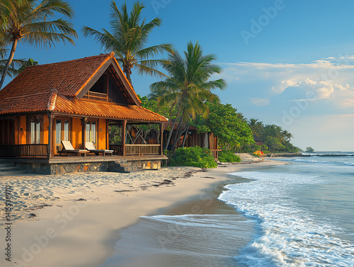 Obraz na płótnie A serene beach scene at Candi Dasa with palm trees swaying in the breeze w salonie
