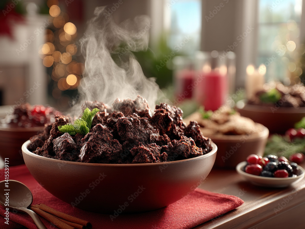 A steaming bowl of hot pudding ready to be served