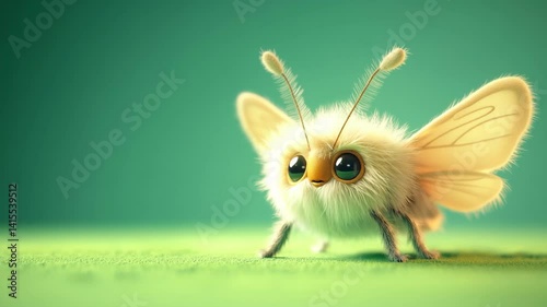 Fluffy Yellow Moth Cartoon 3D Animation on Green Background