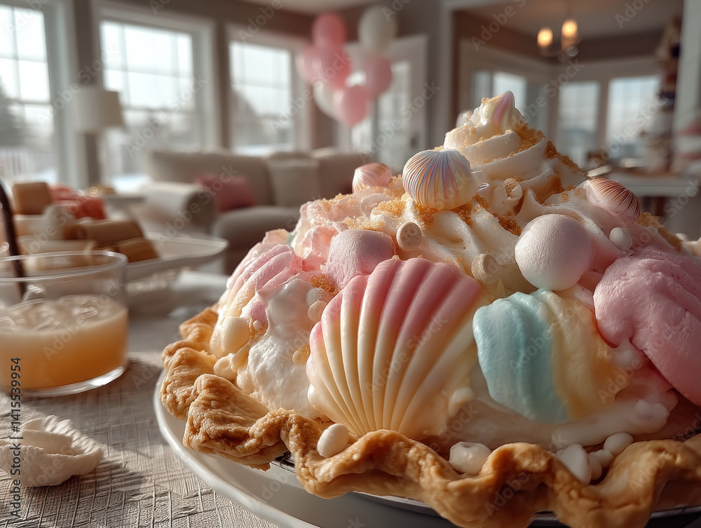 A whimsical ocean pie with seaside-themed decorations and flavors