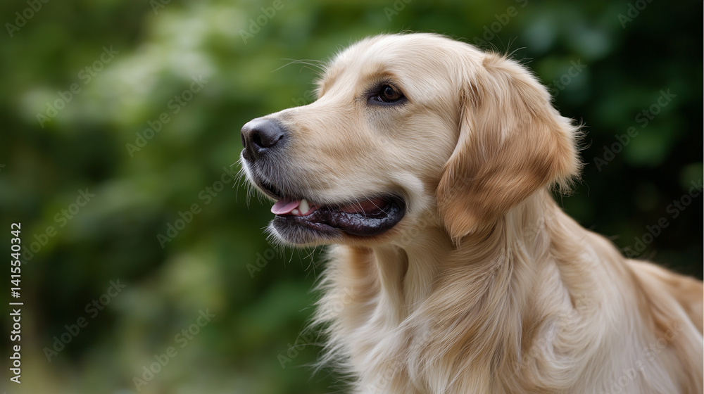 Close-Up of Golden Retriever with Flowing Fur in Summer Background Close-Up of Golden Retriever with Flowing Fur in Summer Background
