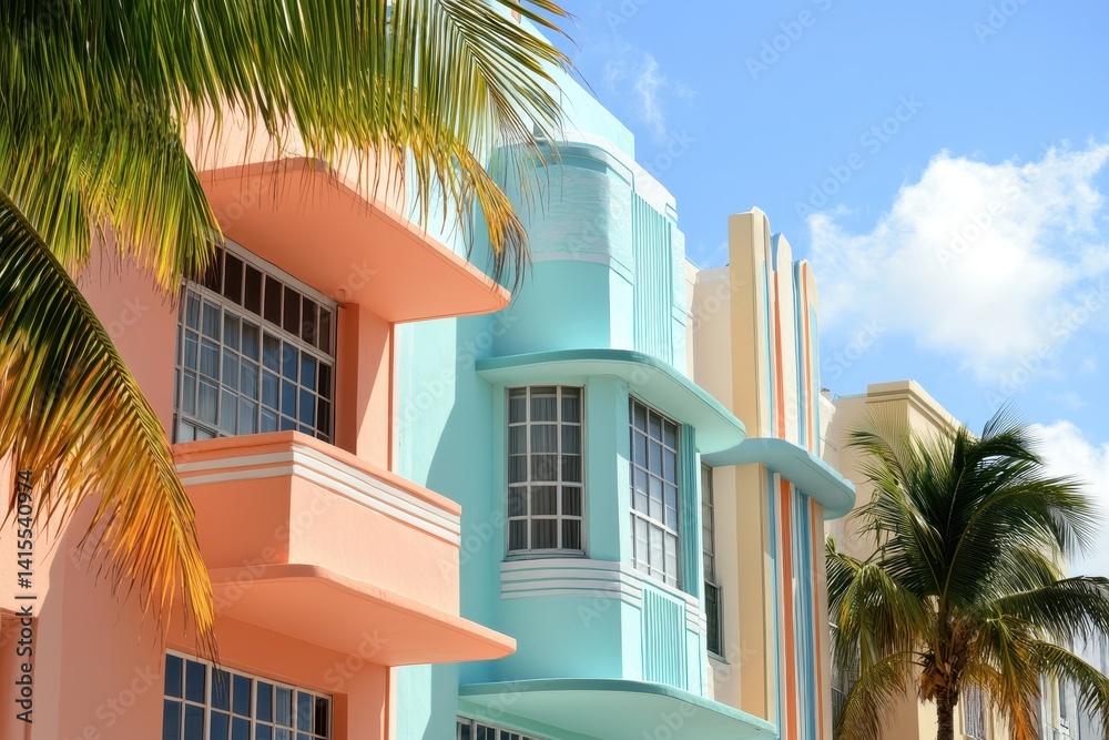 Fototapeta premium Charming South Beach: Vintage Art Deco Architecture in Pastel Hues Against a Beautiful Blue Sky