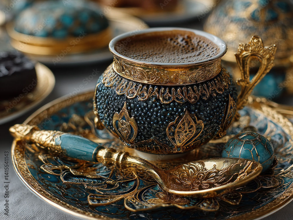 An ornate Turkish coffee cup filled with rich coffee