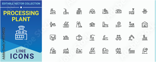 Processing Plant linear icon collection. Containing industrial, industry, manufacturing, machine, machinery, conveyor and more. Factory line icon set. Minimal icons set. Art and illustration.