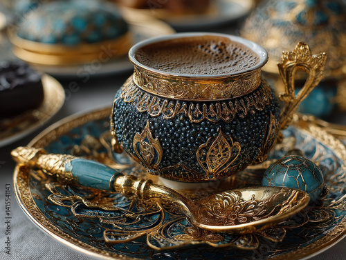 Obraz na płótnie An ornate Turkish coffee cup filled with rich coffee w salonie