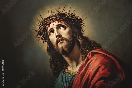 Jesus Christ wearing crown of thorns Passion and Resurection. Easter card, Good Friday