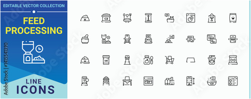Feed Processing line icon set. Includes symbols for food, farm, plant, farming, factory, production. Feed Production icon collection. Icons for UI designs. Editable vector. Pixel perfect.