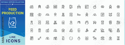 Feed Production vector icon set. Featuring feed, plant, farming, factory, food and more. Outline symbol collection. Farm icon set. Editable stroke. Vector collection.
