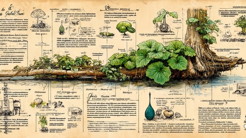 Antique Botanical Illustration: Detailed Study of Plants and Fungi on Aged Paper - made with Generative AI